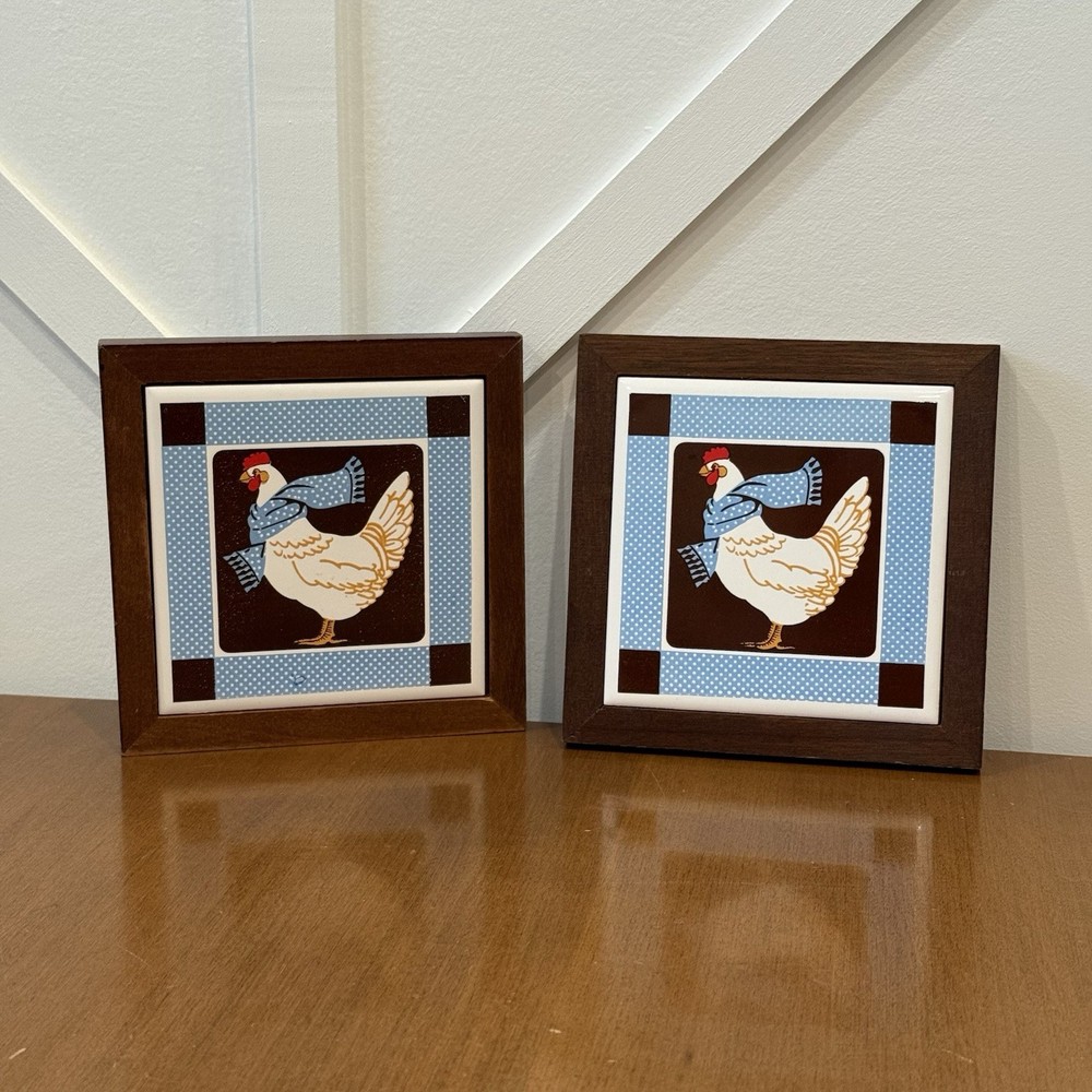 Wood Framed Ceramic Tile Trivet by Jasco Set of 2 Hot Plate Wall Hanging Chicken