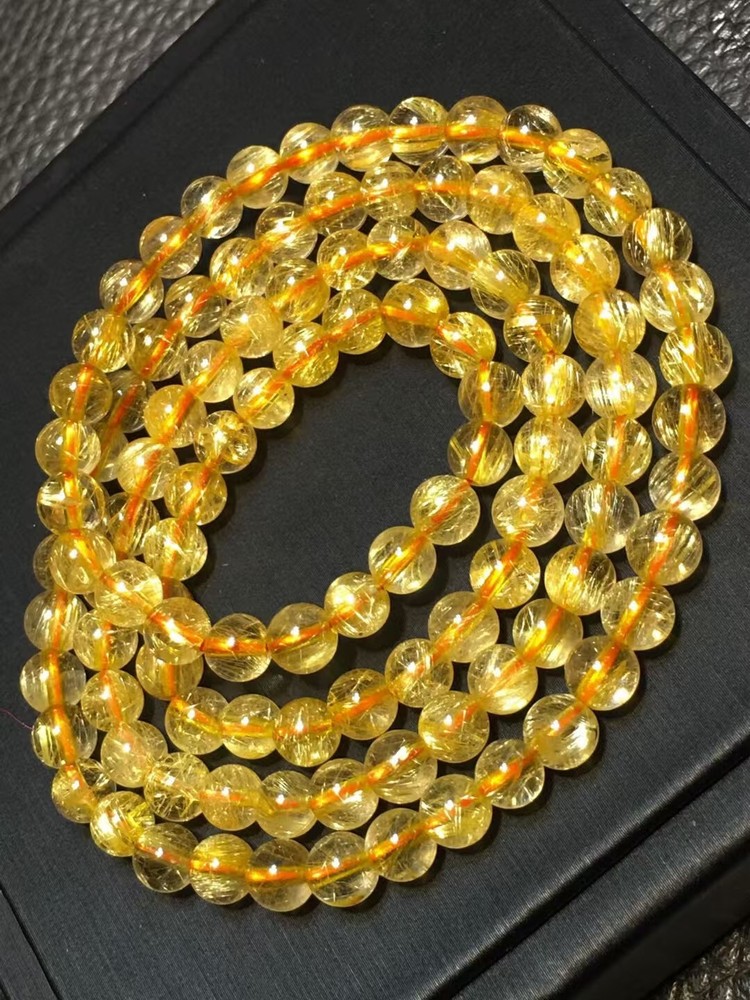 27.4G Natural gold Hair Rutilated Quartz Crystal Round Beads Bracelet Healing