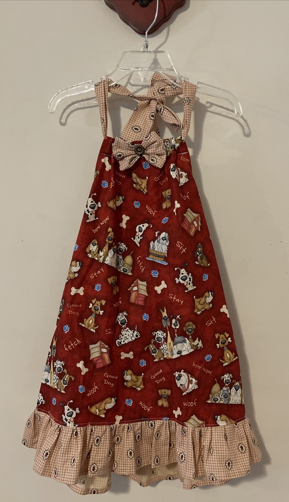 Girls Size 4 Handmade Red “Dog Print” Sleeveless Ruffled Open-Back Dress! A1336