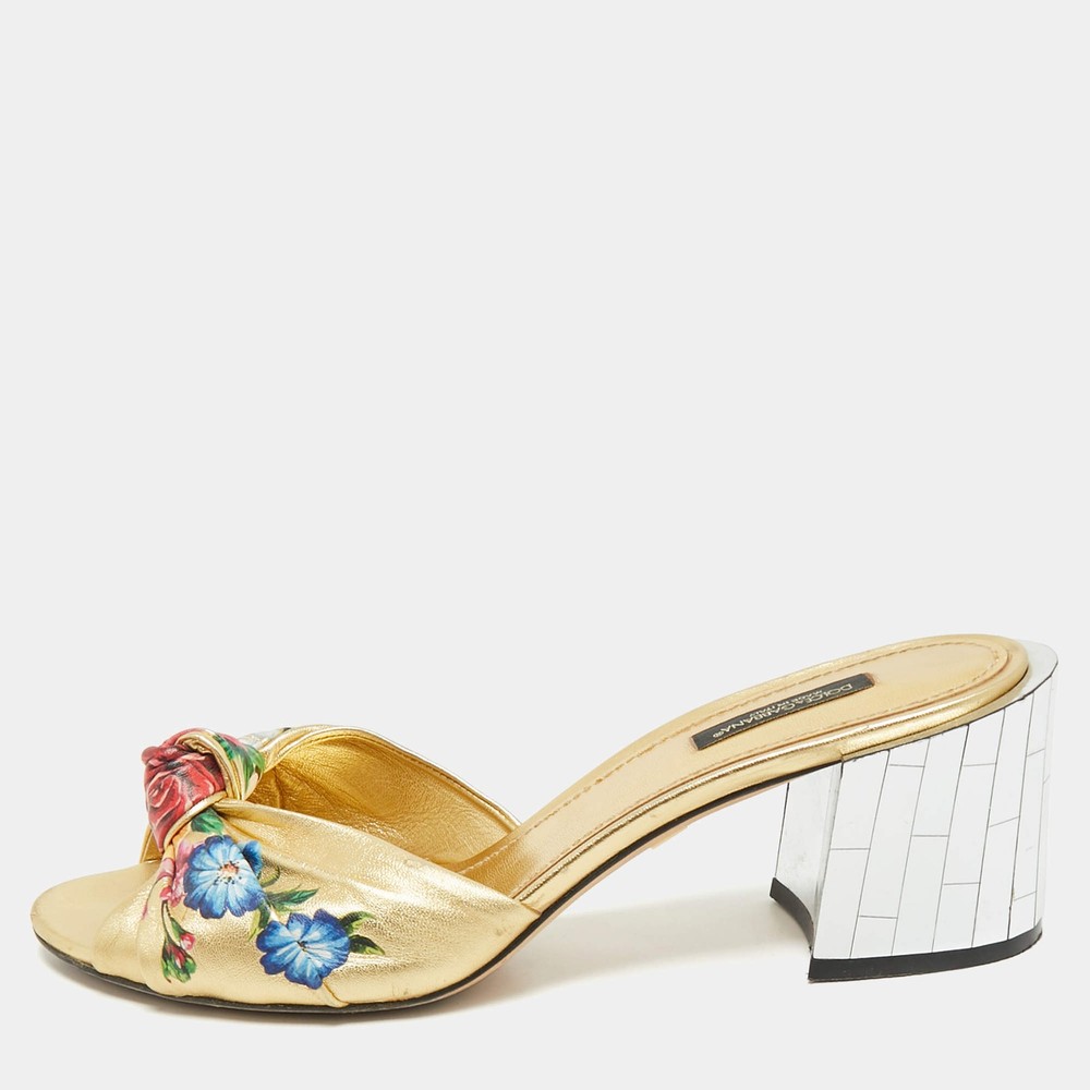 Dolce Gabbana Gold Floral Print Leather Mirrored Heel Slide Sandals Size 39