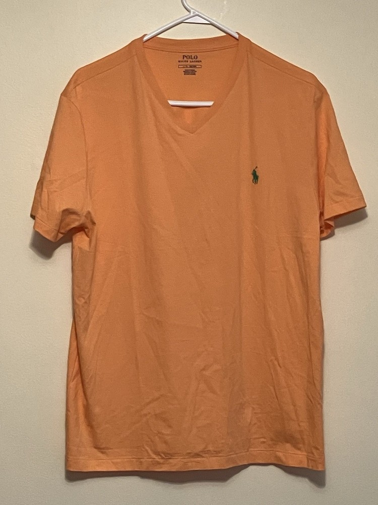 Polo Ralph Lauren Orange V-Neck Tee w/Green Pony Embroidered Preppy Mens Large