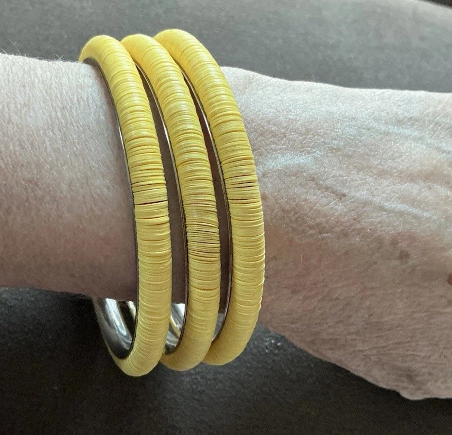 Bangle Bracelets Yellow Heishi Shell Beads Set Of 3 Silver 8”