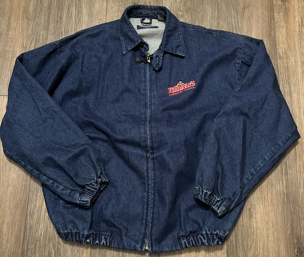 VTG 90s THREE RIVERS Denim Jean Bomber Jacket Mens XL Dadcore Embroidered Retro
