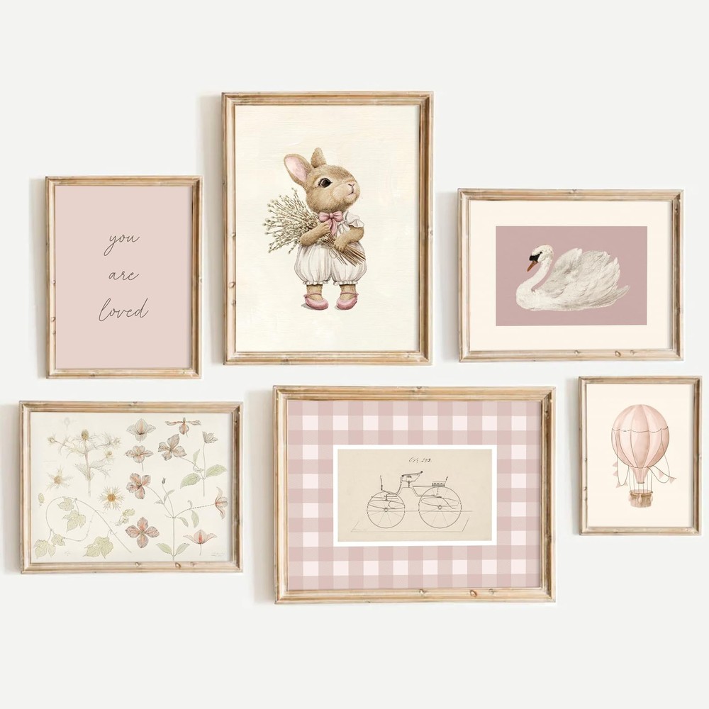 Girl Nursery Wall Art Vintage Pink Bunny Canvas Wall Decor Baby Girl Room Pos...