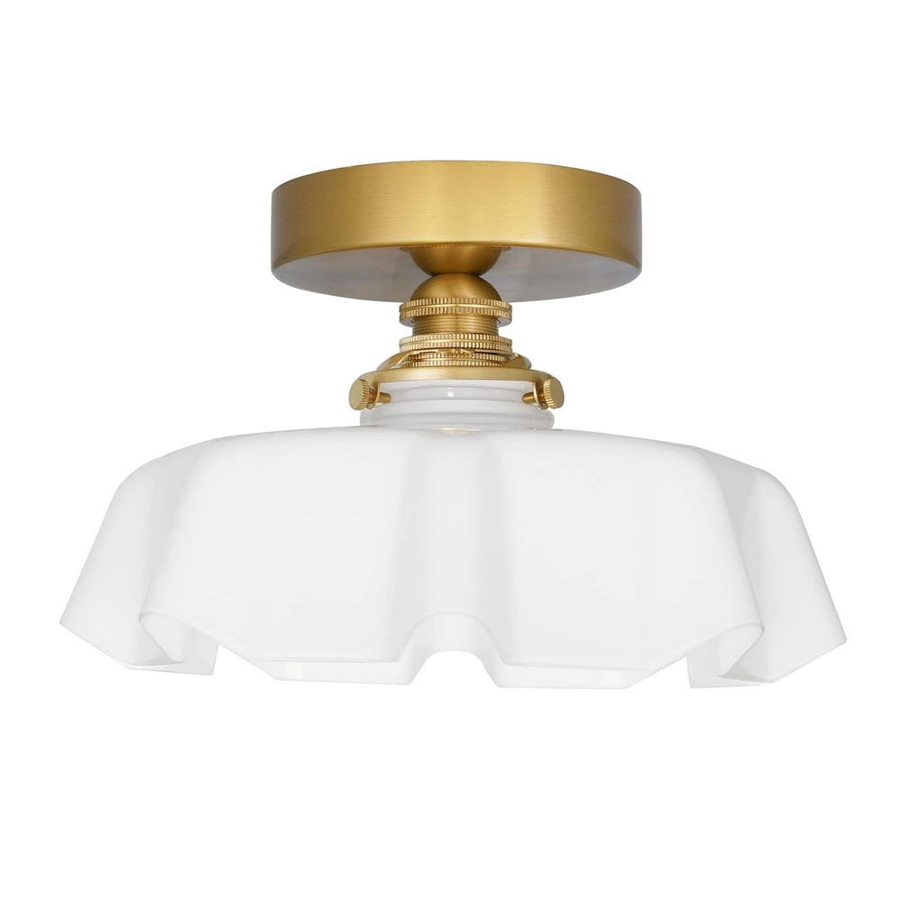 Vintage Brass Gold Semi Flush Mount Ceiling Light with Milk White Glass Shade