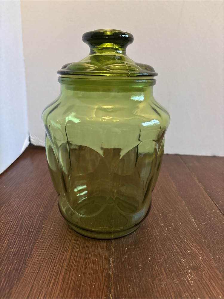 Vintage MCM Green L.E. Smith Bubble Glass Canister with Lid 8