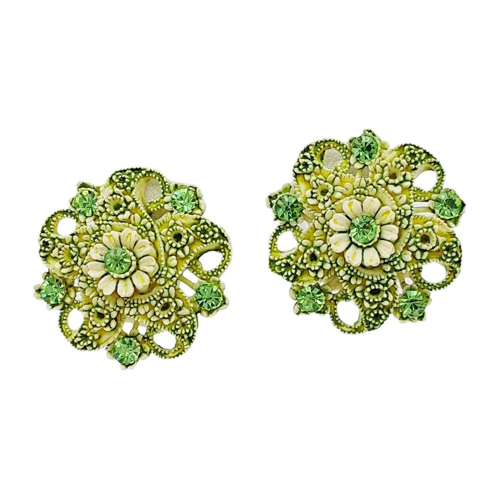 Vtg Green Rhinestone Celluloid Floral Earrings 1