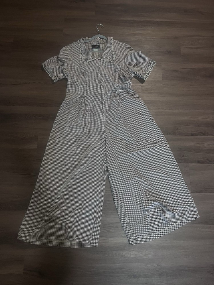 M.H.M Vintage Brown Gingham Wide-Leg Romper Jumpsuit Ruffle Collar