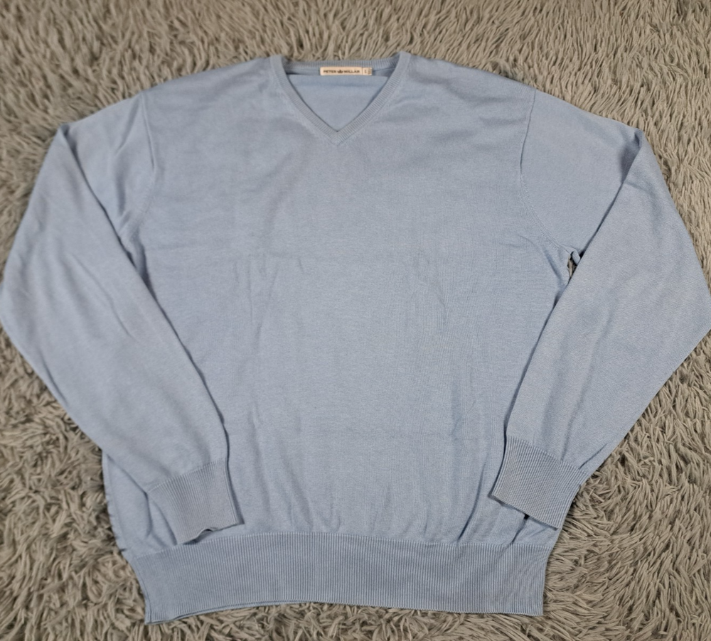 Peter Millar Mens Large Blue V-Neck Sweater Silk Cotton Cashmere Luxury Knit
