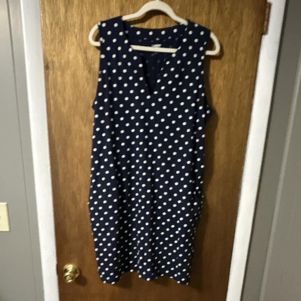 Lands' End Blue White Polka Dot Shift Dress V-Neck Sleeveless Knee Length XL