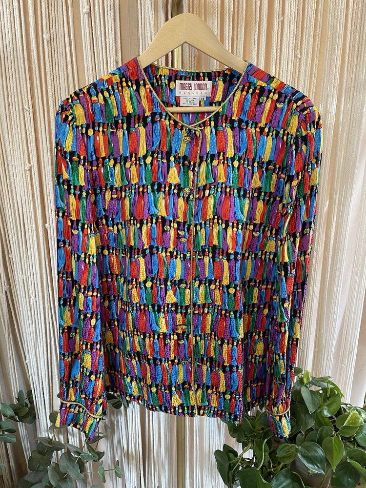 Vintage Maggy London Colorful Silk Blouse - Size 14, button up, gold trim