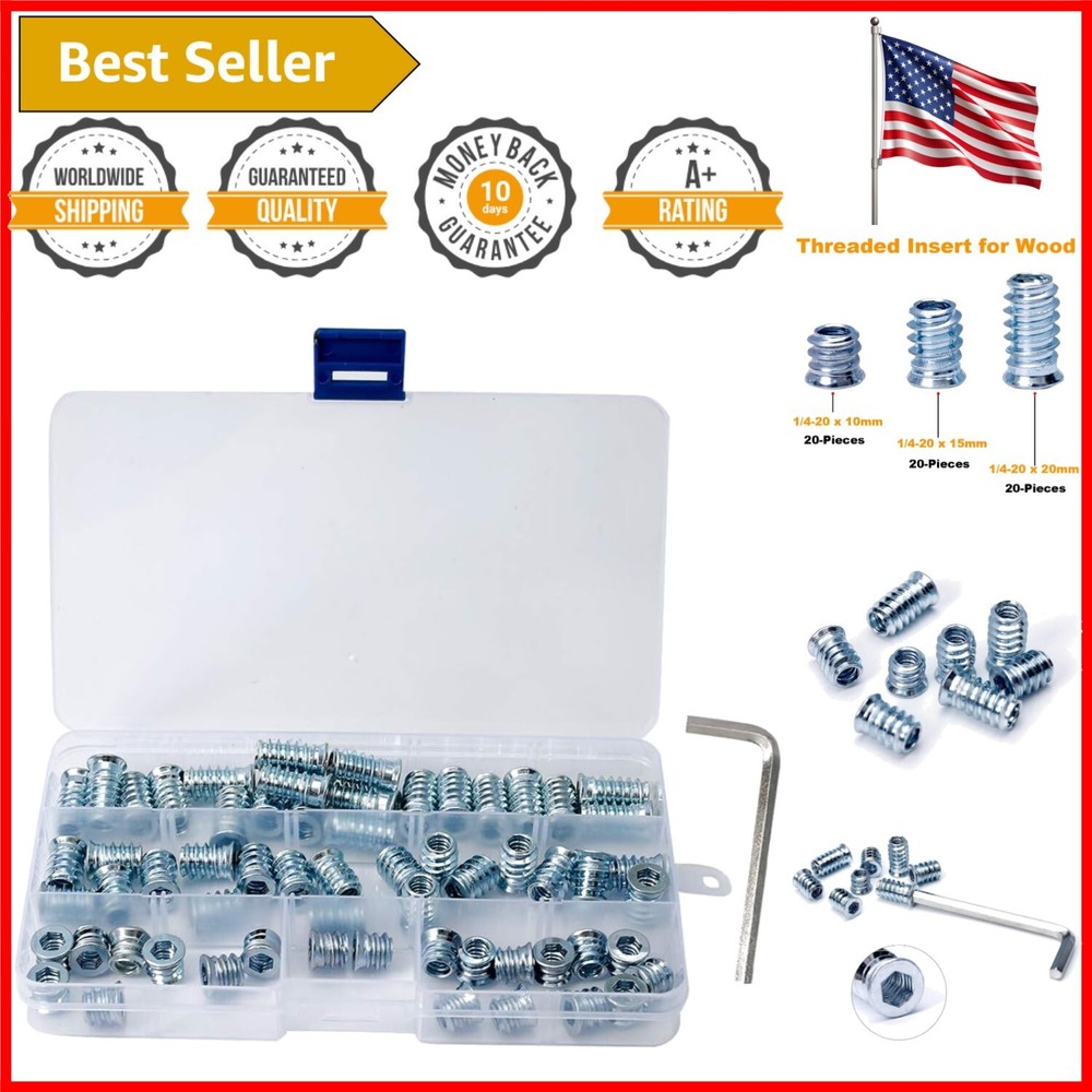 Versatile Wood Fasteners Set - 60-Piece Threaded Insert Kit for DIY Projects