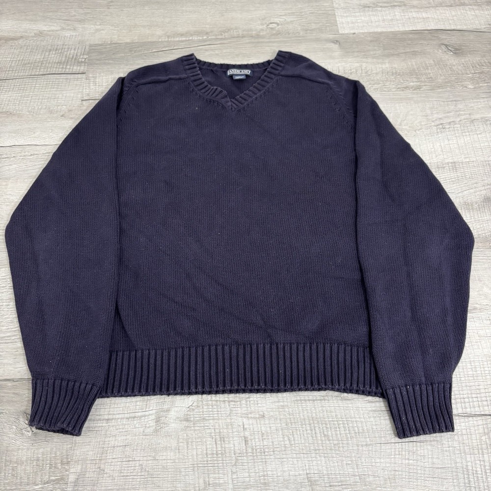 Vintage Lands End Navy Blue V-Neck Knit Pullover Sweater Heavyweight Mens XL