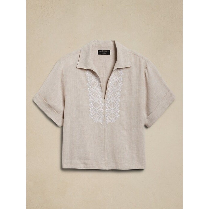 Banana Republic WMN Size M Beige Linen-Blend White Embroidered Short Sleeve Top