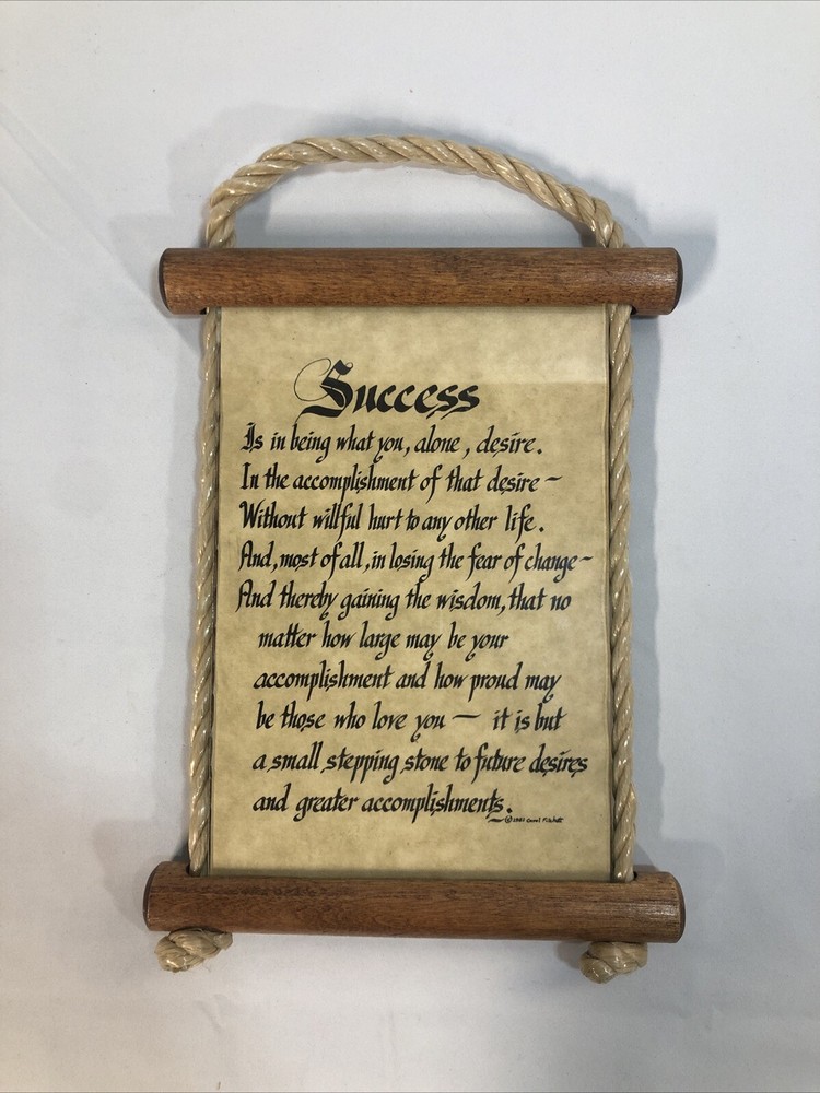 Rare Vtg Wall Plaque SUCCESS Wood Rope Scroll Poster Picture Carol Fitchett 1994