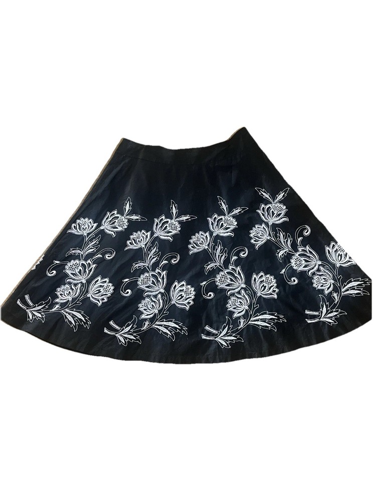Loft Black Silky Cotton Full Skirt With White Floral Embroidery , Size 12