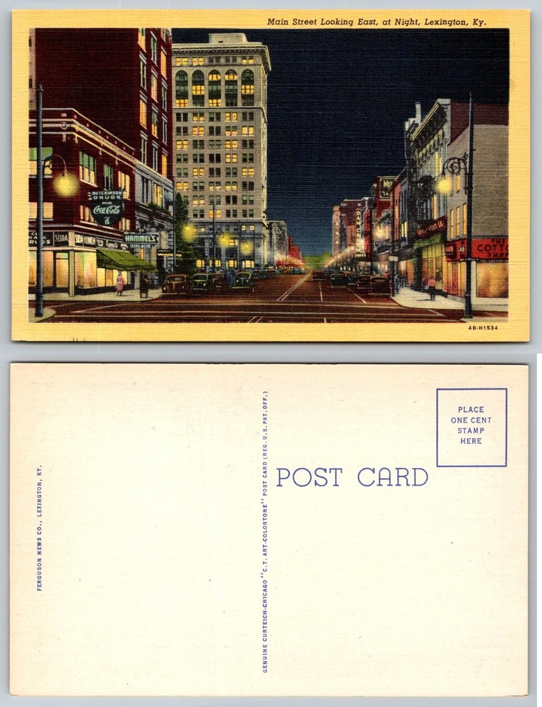 Lexington KY Main Street Night View Postcard 1940s Curteich Art-Colortone