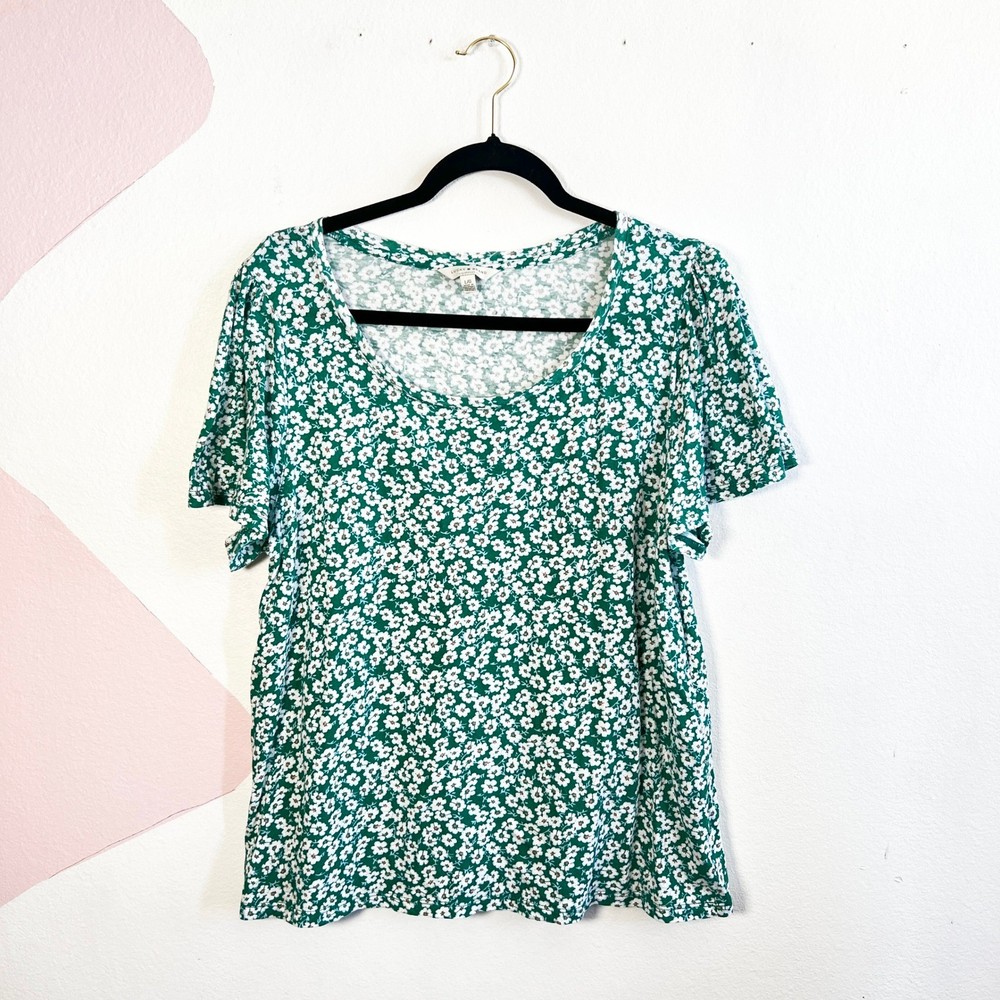 Lucky Brand T Shirt Women's Size Large Green White Boho Floral Print