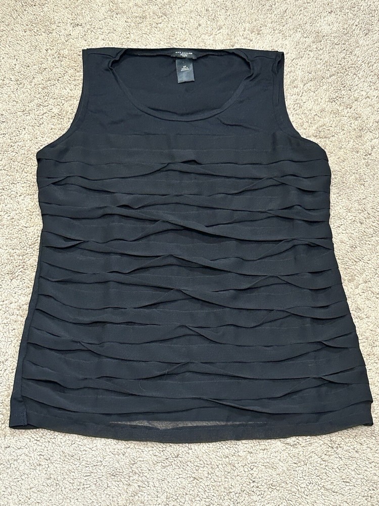 Ann Taylor Womens Shirt Petite Size Medium Black Ruffles Classic Dressy Comfort