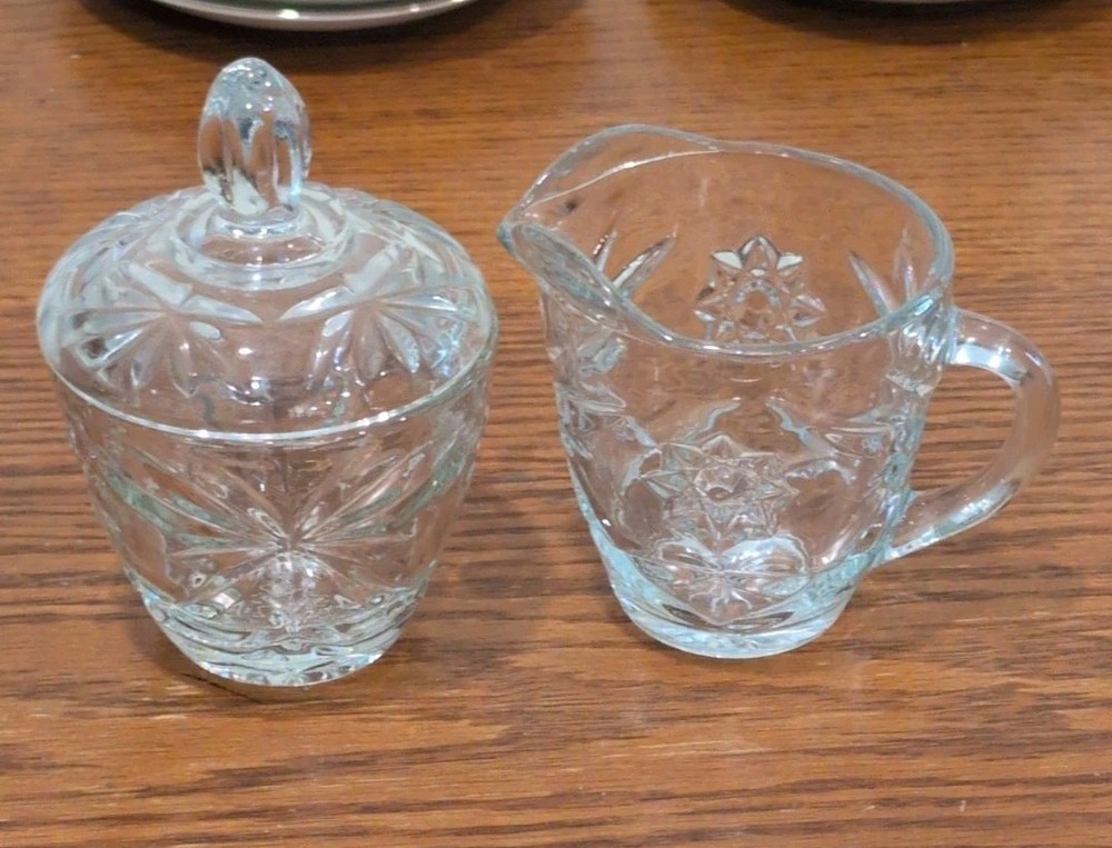 Anchor Hocking Prescut Clear Star of David Covered Sugar Bowl and Creamer Set