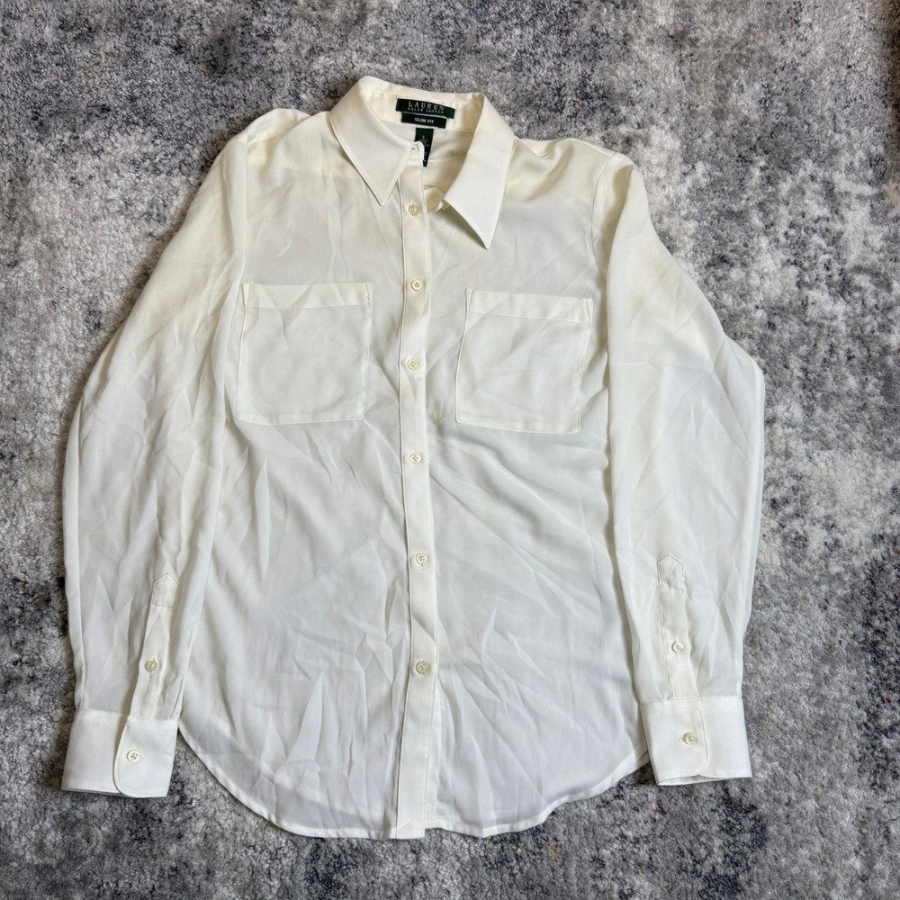 Lauren Ralph Lauren Slim Fit Button Down Shirt Cream Off White Blouse Womens S