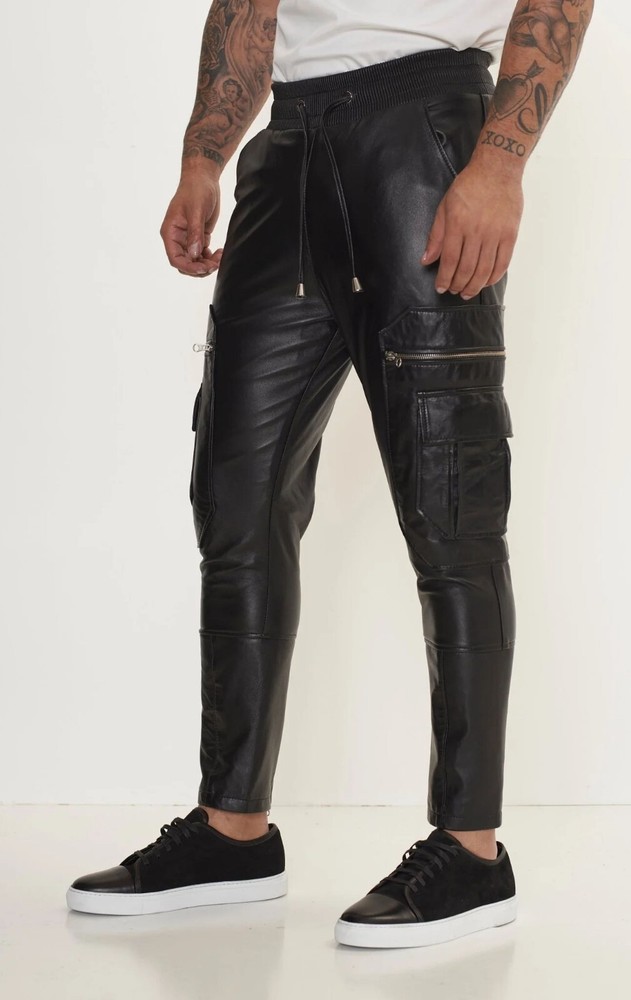 Men Black Lambskin Premium Soft Leather Joggers with Drawstring