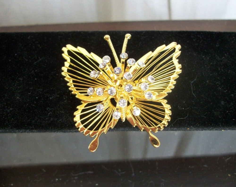 Vintage Monet Butterfly Brooch Pin,  Rhinestones Gold Tone Signed