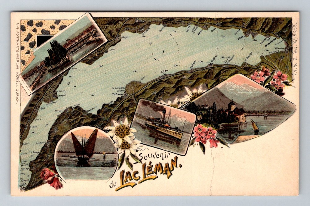 Switzerland- Lake Geneva Souvenir Map & Scenes Steamer Old View Vintage Postcard