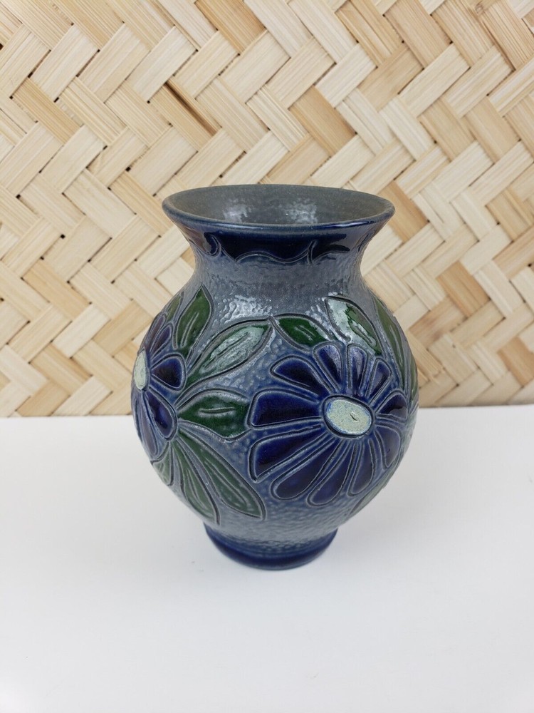 Vintage Betschdorf D'Alsace French France Pottery Vase Salt Glaze Blue Floral 5
