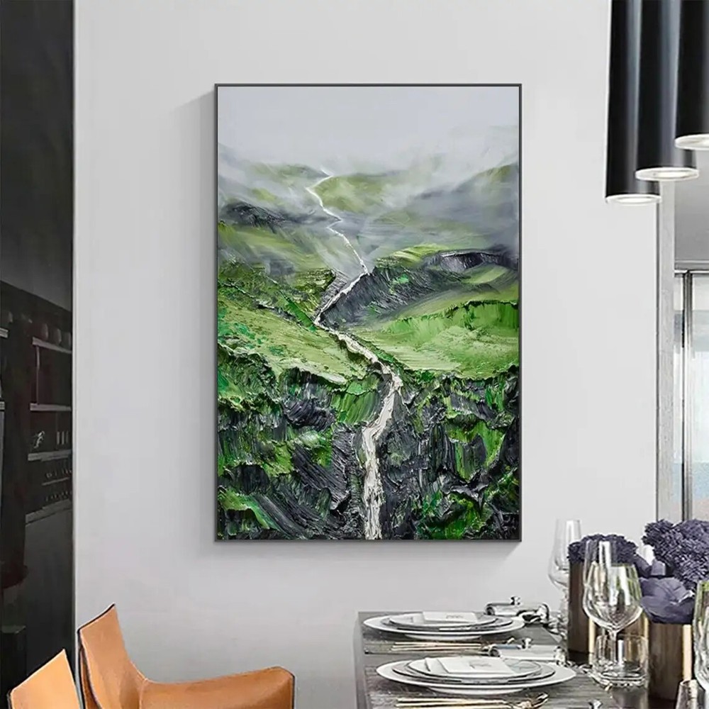 Landscape Oil Painting On Canvas Textured Wall Art Abstract Green Mountain River