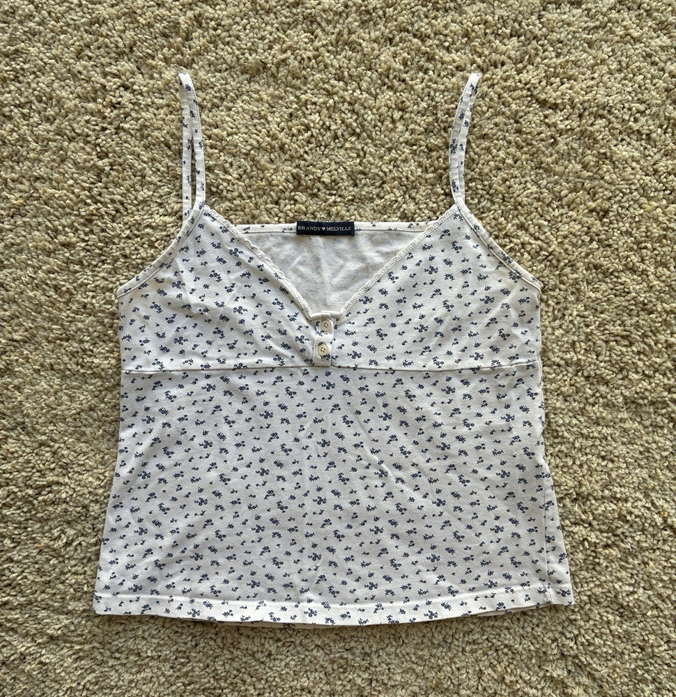 Brandy Melville Floral Spaghetti Strap Button Tank White/Blue One Size