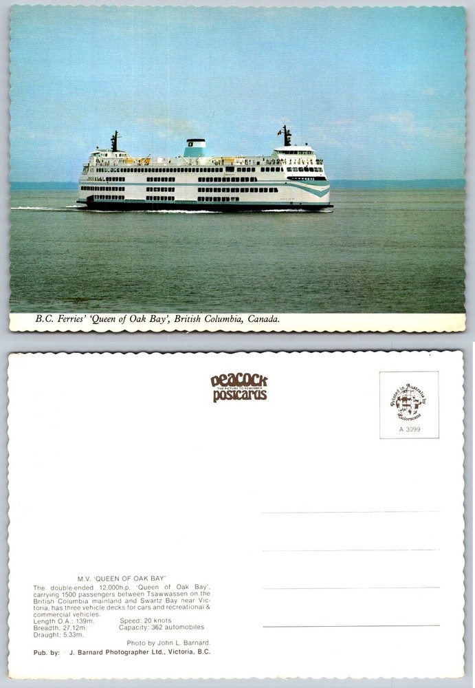 BC Ferries Queen of Oak Bay Victoria Canada Peacock Postcard Ship Photo
