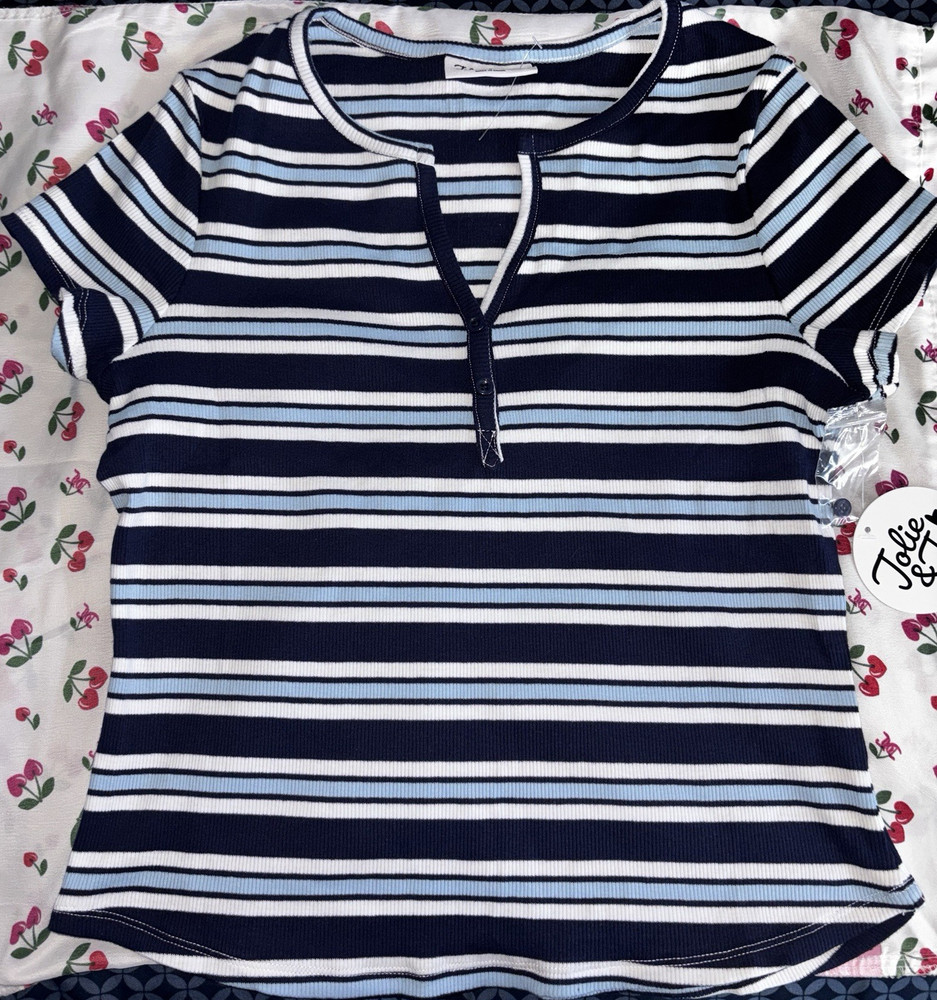 Jolie & Joy Women's L Regular Striped Knit V-Neck Zip T-Shirt Navy/White/Blue