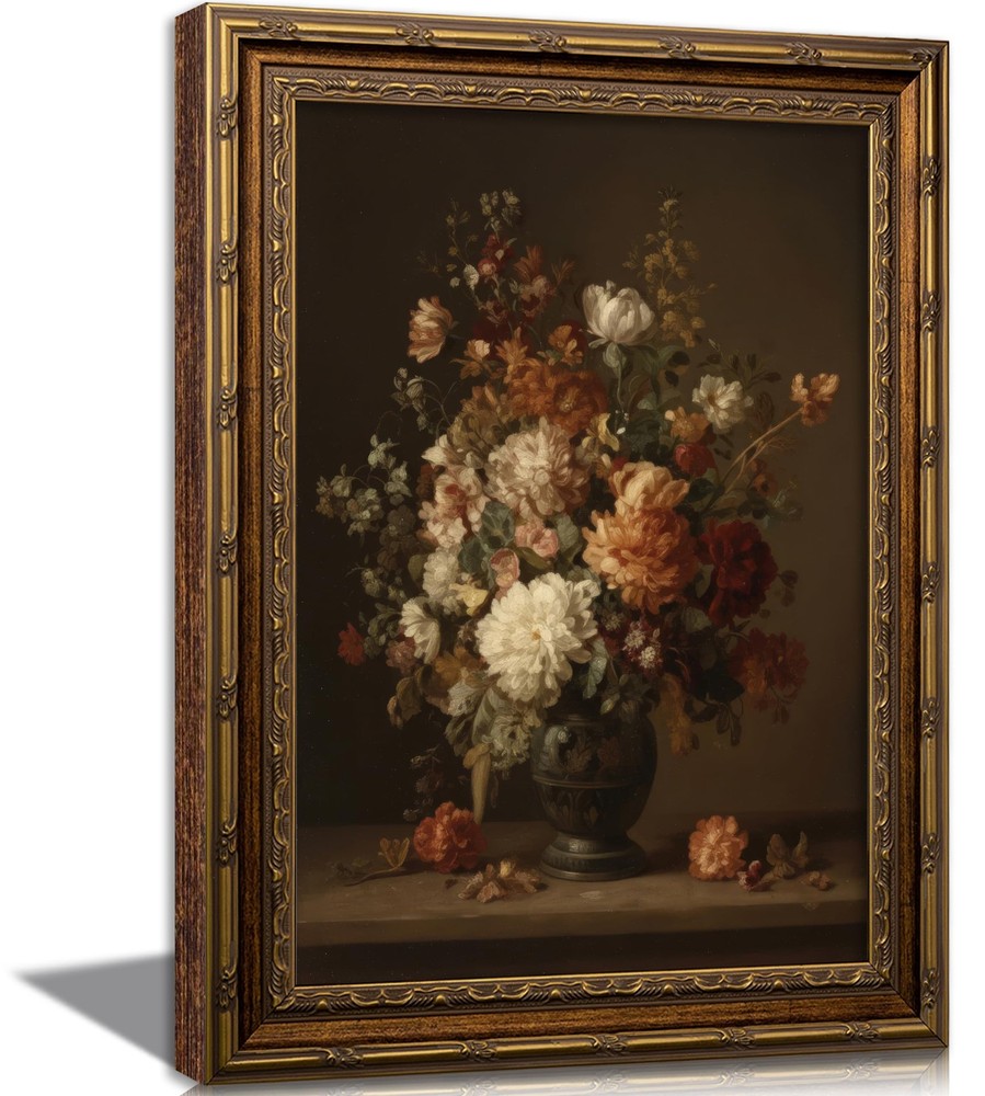 Vintage Gold Framed Floral Wall Art Dark Moody Flower Botonical Canvas Painti...