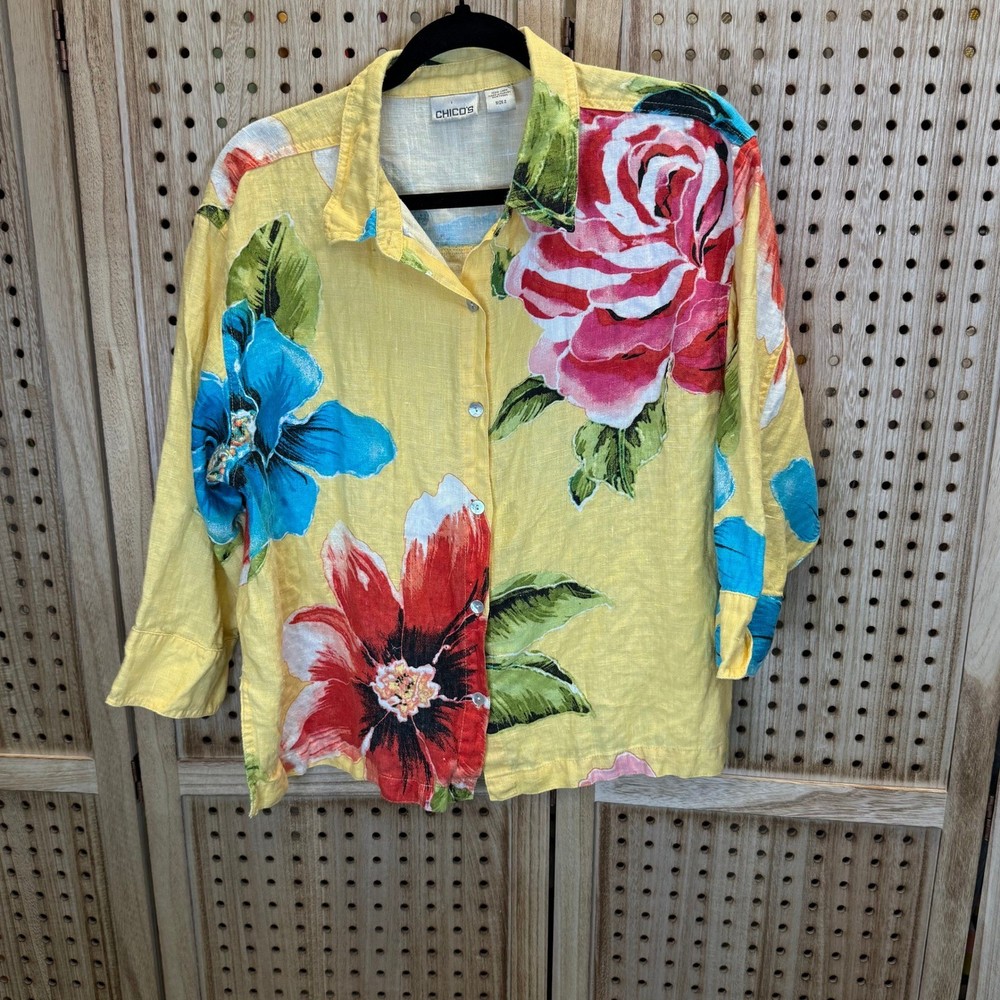 Chico's Yellow Floral Linen Shirt Button Front Long Sleeve Size 2