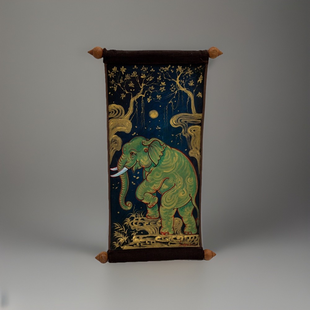 Vintage Hand Painted Elephant Textile Wall Hanging Scroll Folk Art Signed