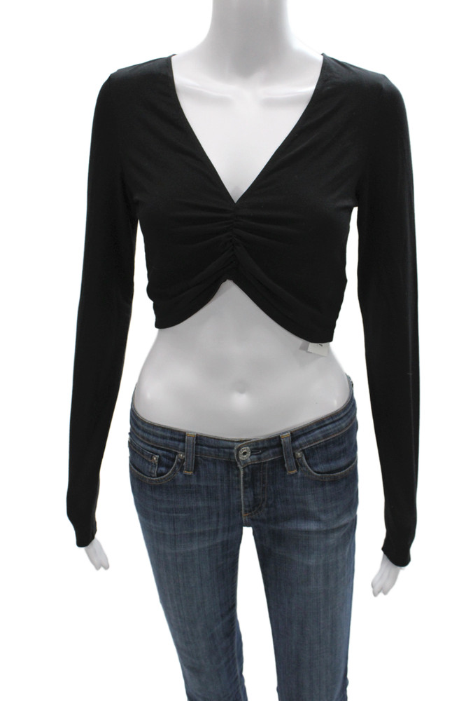 Reformation Women Cropped Jersey Black V Neck Long Sleeve Top Size SFree Shipping in US $100+ Orders | $6.95 Orders Below