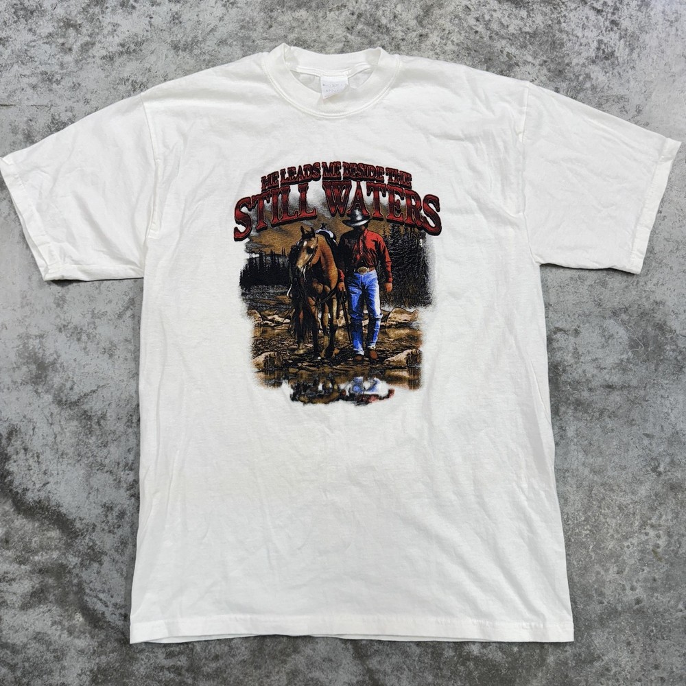 Vintage Still Waters Shirt Mens Large White Western Cowboy Horse Graphic 90s Tee