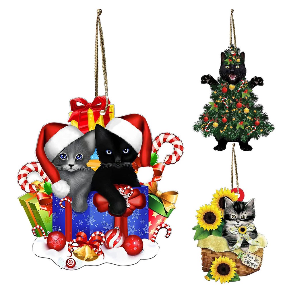 Christmas Cat Tree Ornament 2D Acrylic Holiday Decor Pendant Funny Cats Ornament
