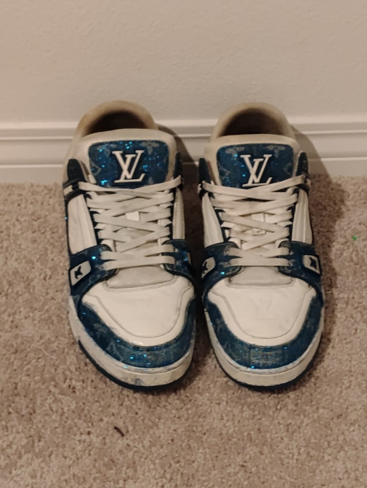 Louis Vuitton Trainer White Blue Low Top Lace Up Men's Athletic Sneakers