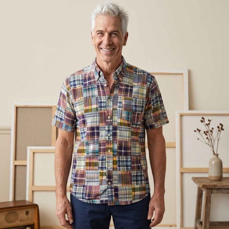 Castaway Nuntucket Original Madras Trading Co Mens L Multi Patchwork Plaid Shirt