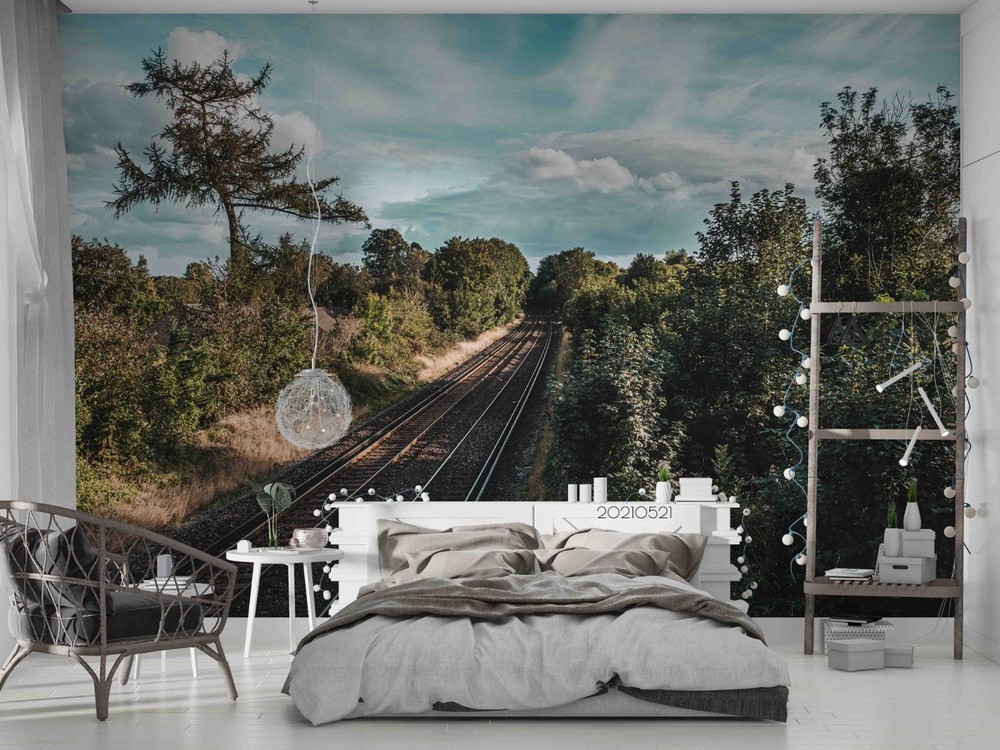 3D Woods Sky Railway Landscape Wall Murals Wallpaper Murals Wall Sticker