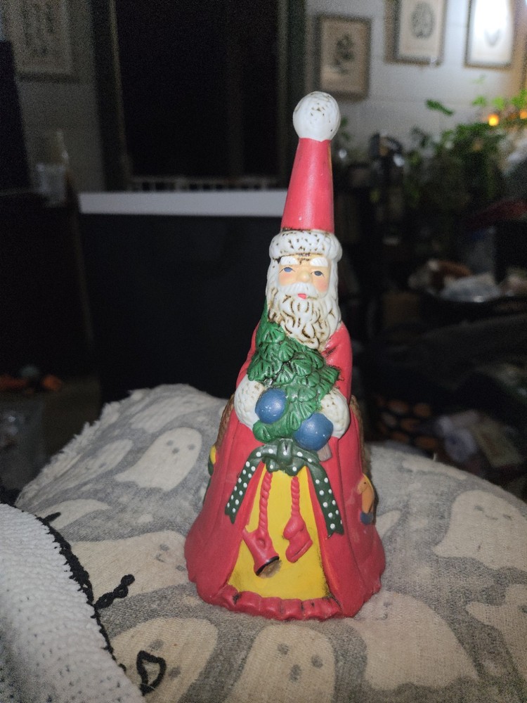 Vintage Hand-Painted Glass Santa Bell Christmas Décor with Glass Clapper