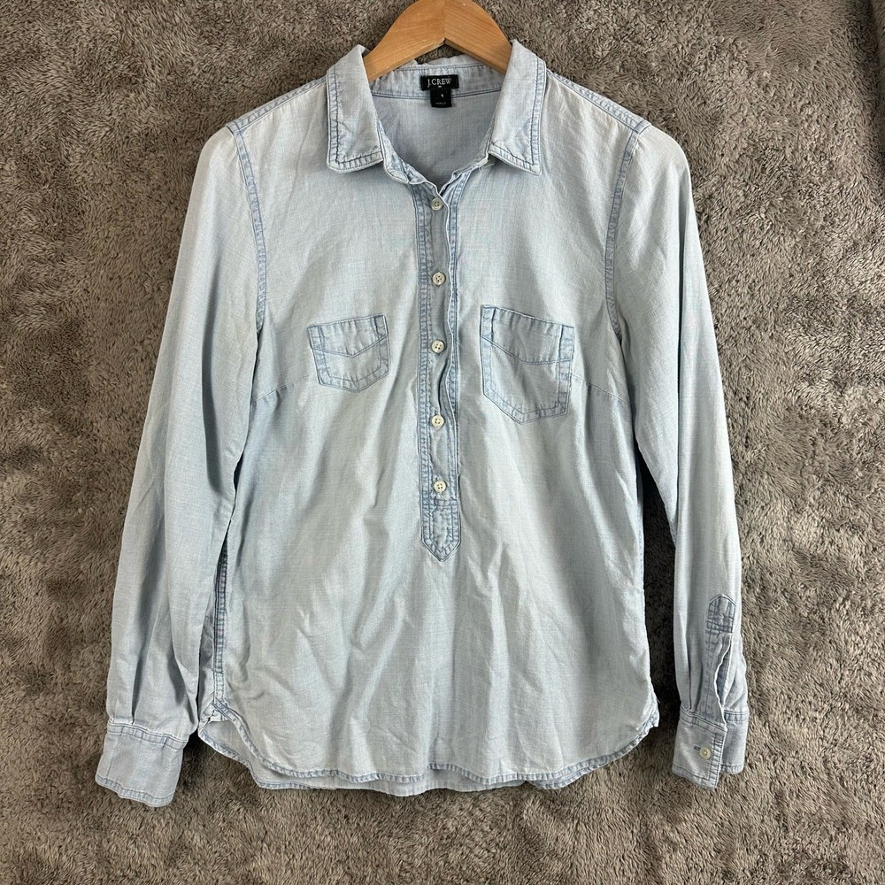 J. Crew Faded Wash Light Blue Chambray Popover Top Henley Button Shirt S Small