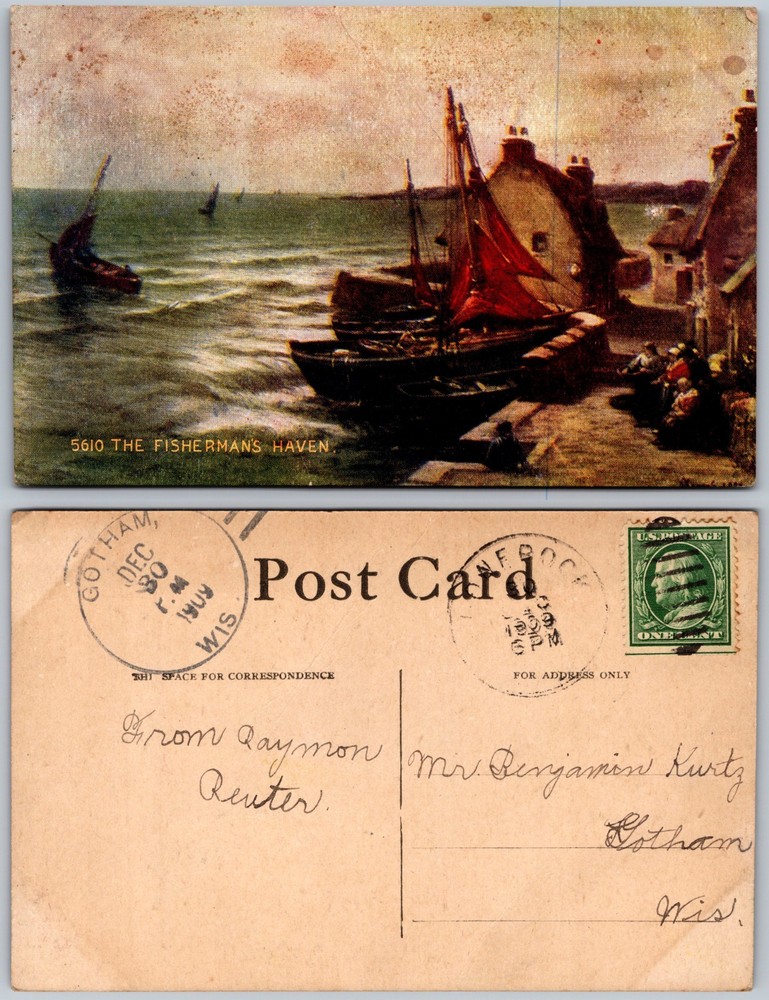 The Fishermans Haven Boats Shore Village Houses Postcard