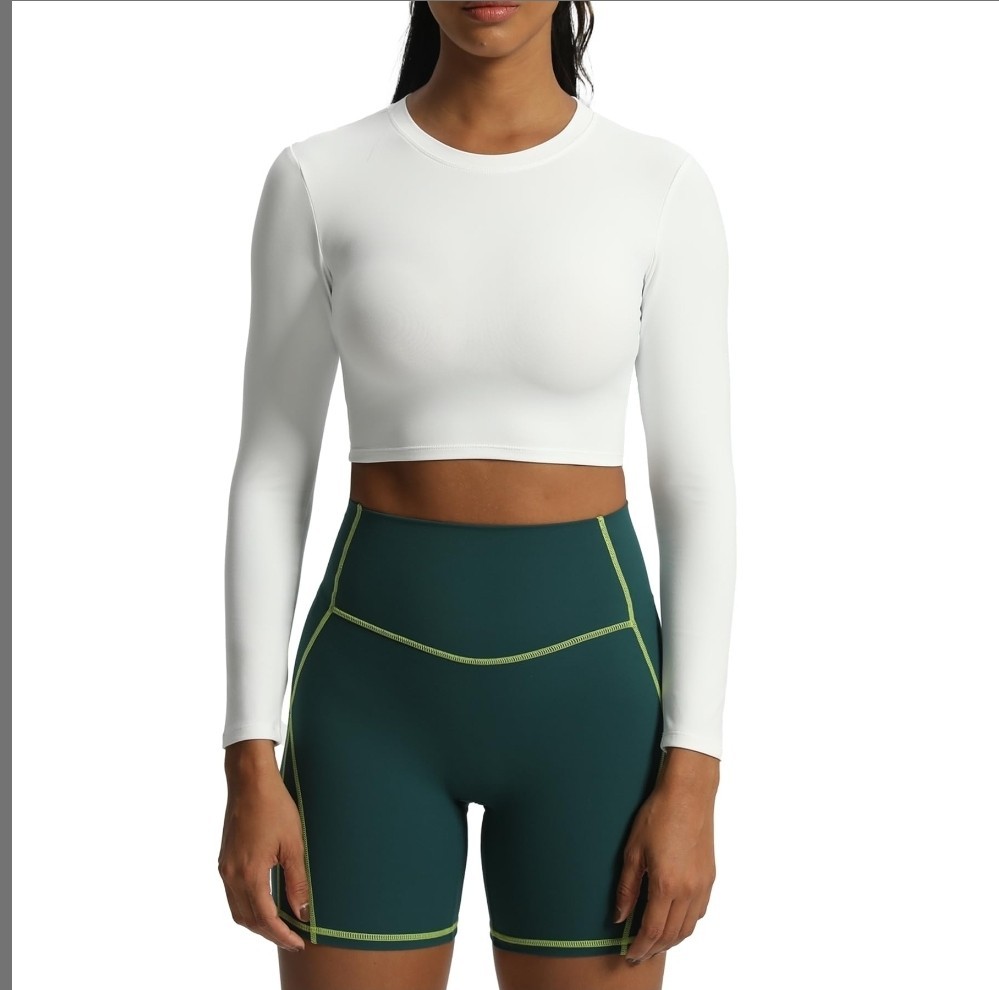 Women's White Cropped Stretch Long Sleeve Crew Neck Slim Fit Activewear Top