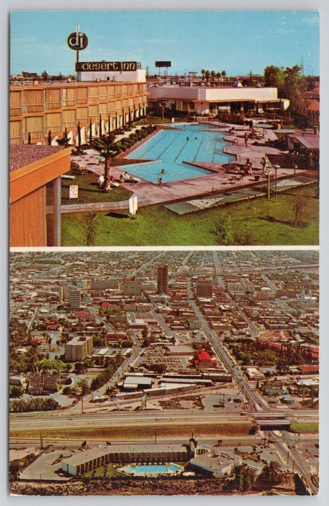 Tucson AZ Desert Inn Hotel Pool & Downtown Aerial View Vintage Postcard