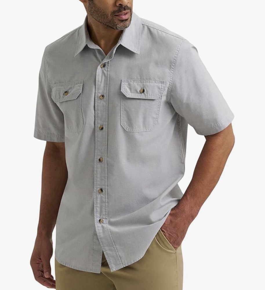 Wrangler Authentics Men’s Gray Solid Short Sleeve Button-Up Shirt L/XL