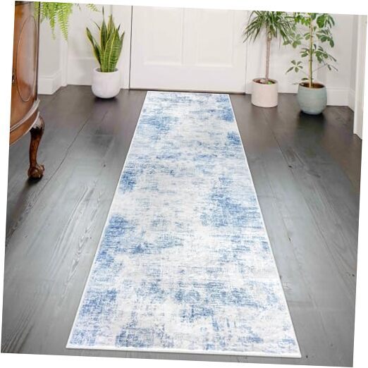 Abstract Light Blue & White Washable Runner Rug 2x6 Feet (24x72 Inches)-image