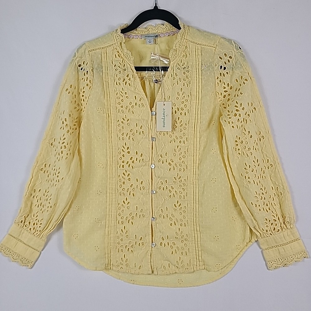 NWT Sundance Womens Yellow Eyelet Blouse Long Sleeve Button Down Shirt Size S